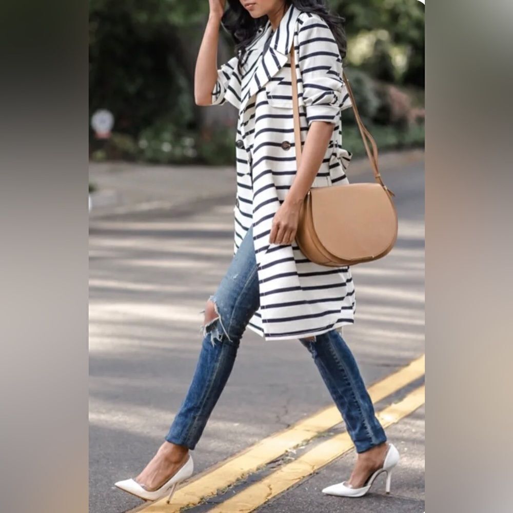 Madewell Parcel Stripe Trench Coat White & Black Small